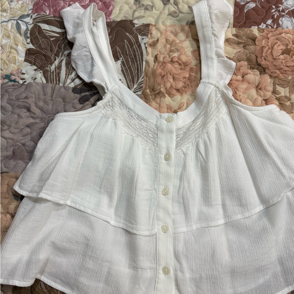American Eagle Outfitters White Ruffle Button-Front Cami